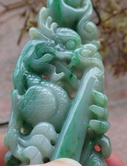 ertified Green Burma 100% Natural A Jade jadeite Pendant Dragon Pen Lotus Flower Necklace 生意兴隆 632975  TN