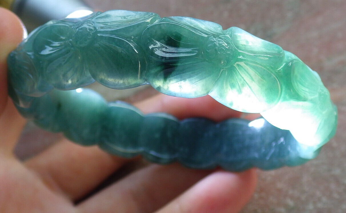 Certified Icy Green Burma 100% Natural A JADE Jadeite Flower Bangle Bracelet 57 mm 手镯 634192  TN