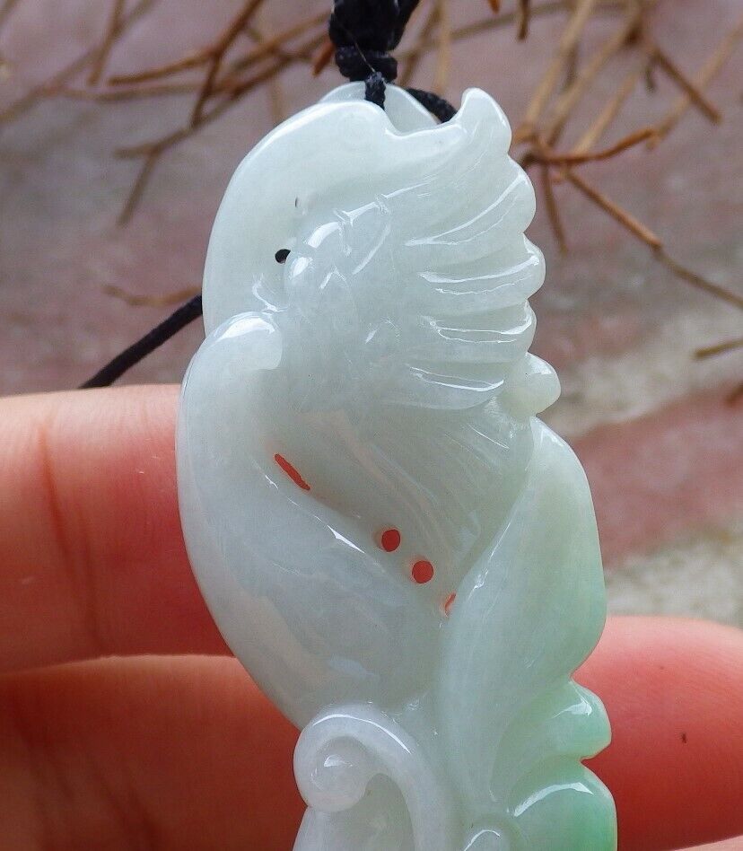 Certified Green 100% Natural A Jade jadeite Pendant Phoenix Lotus Flower Necklace 凤凰 528814  TN