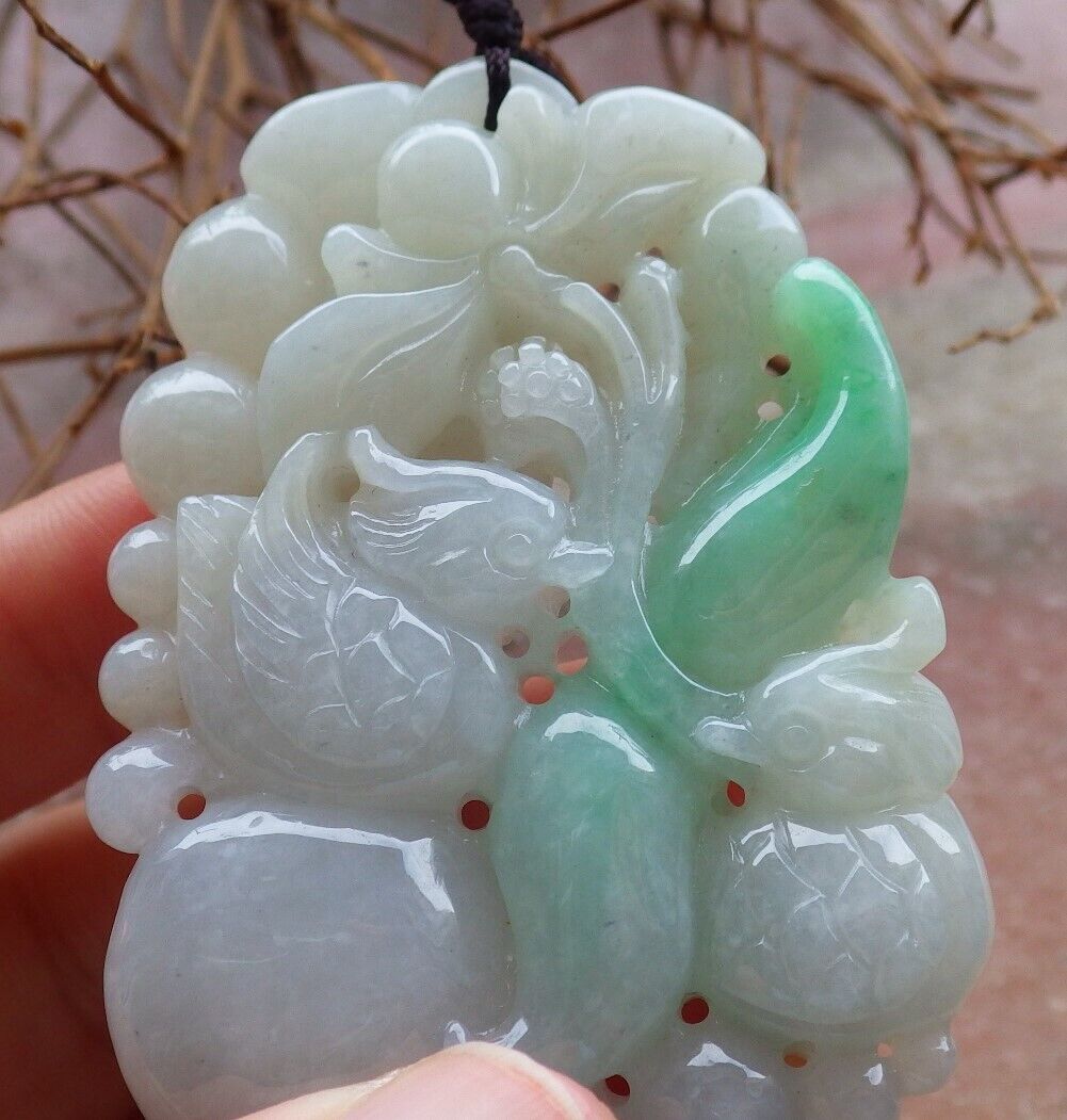 Certified Green 100% Natural A Jade jadeite Pendant Mandarin Duck Phoenix Lotus Flower Ruyi Necklace 鸳鸯 528863  TN