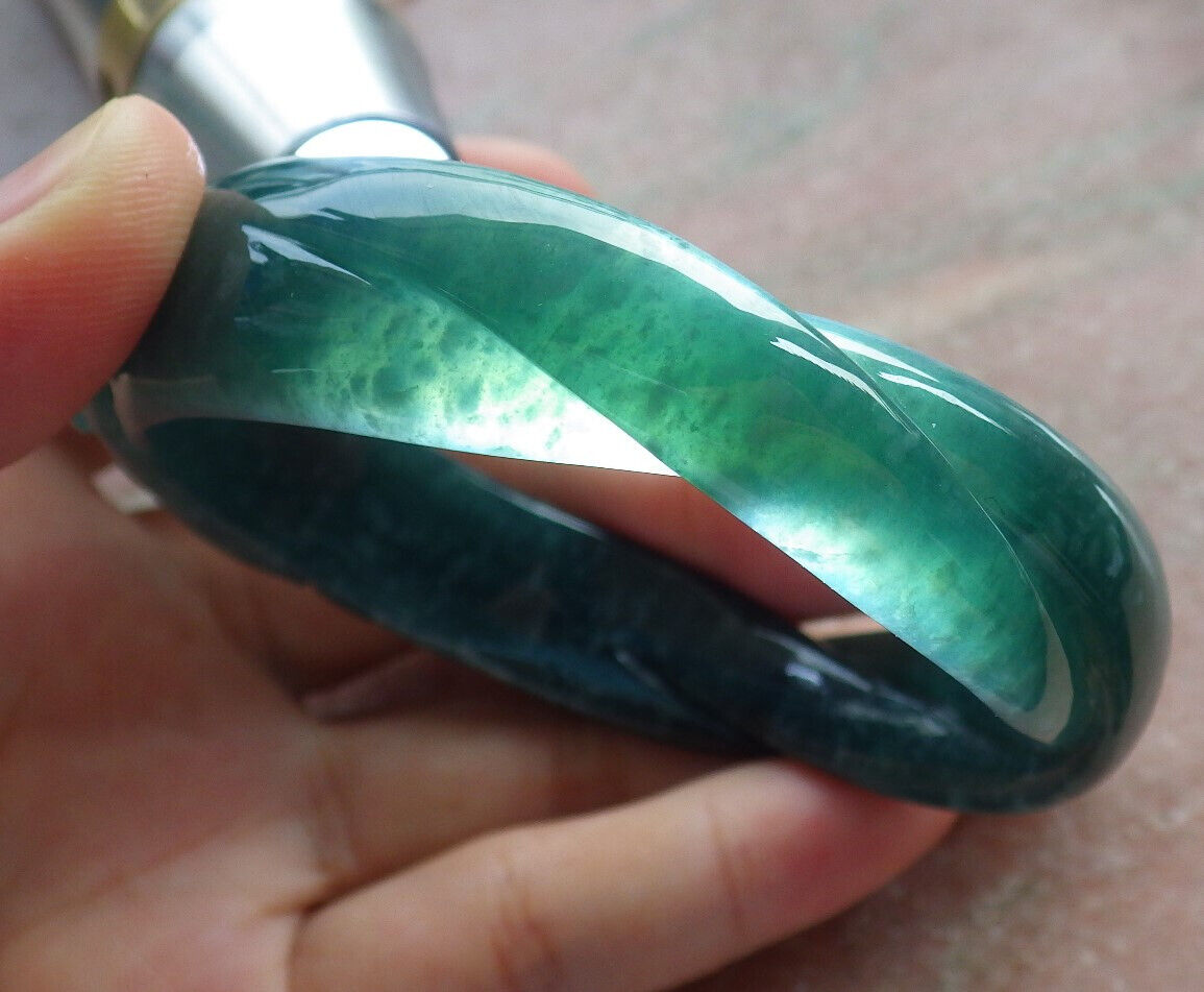 Certified Icy Blue Water Green Burma 100% Natural A JADE Jadeite Flower Knotted Bangle Bracelet 55 mm 手镯 633454  TN
