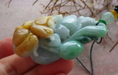 Certified Yellow Green Burma 100% Natural A Jade jadeite Pendant Phoenix Bird Ruyi Gourd Necklace 634419  TN