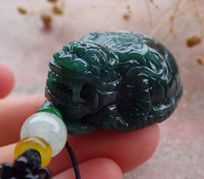 Certified Icy Green Burma 100% Natural A Jade jadeite Pendant Dragon Turtle Money Coin Necklace 龙龟 636081  TN