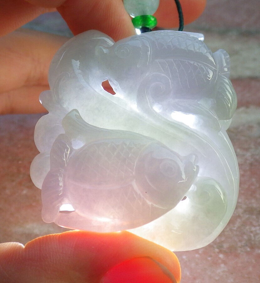 Certified Lavender Green Burma 100% Natural A Jade jadeite Pendant Fish Yuan Bao Necklace 年年有余 634285  TN