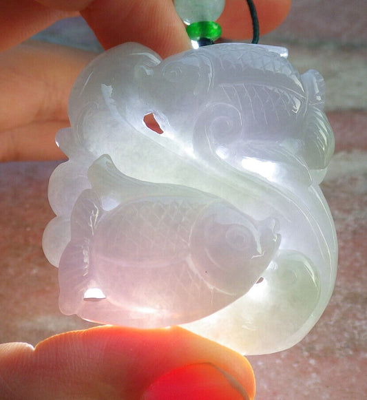 Certified Lavender Green Burma 100% Natural A Jade jadeite Pendant Fish Yuan Bao Necklace 年年有余 634285  TN
