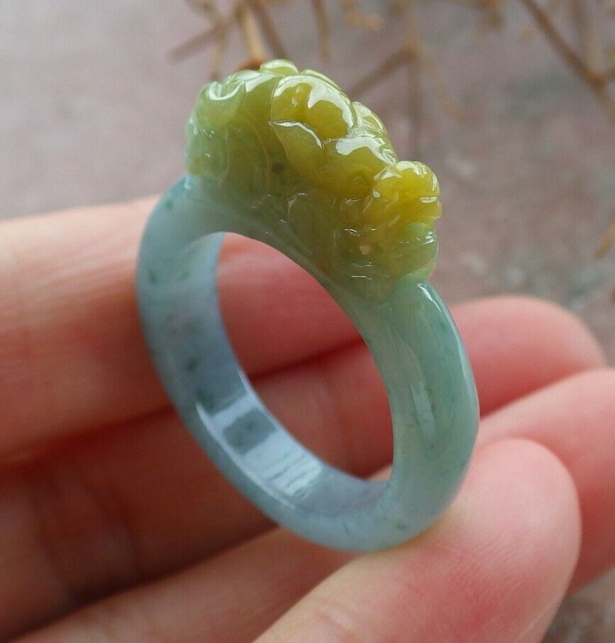 Certified Icy Yellow Green 100% Natural A JADE Jadeite Dragon Pi Xiu RING USA. 9.25 戒指 523559  TN