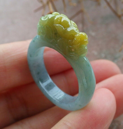 Certified Icy Yellow Green 100% Natural A JADE Jadeite Dragon Pi Xiu RING USA. 9.25 戒指 523559  TN