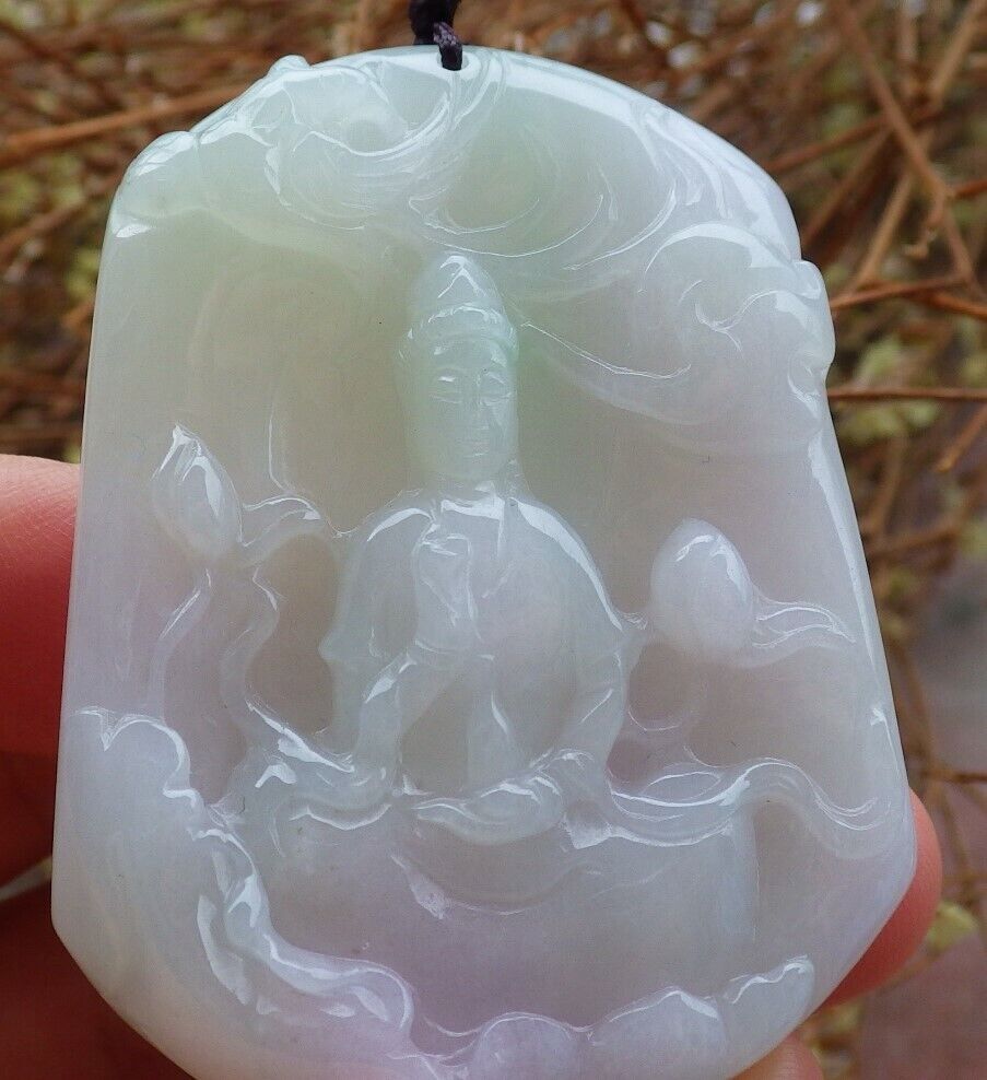Certified Green Pale Lavender 100% Natural A Jade jadeite Pendant Guanyin Kwan Yin Phoenix Lotus Flower Necklace 观音 525022  TN