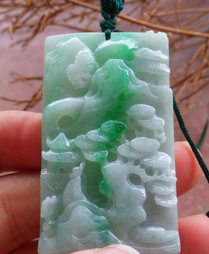 Certified Green Burma 100% Natural A Jade jadeite Landscape painting Tree Necklace Necklace 山水画 525505  TN