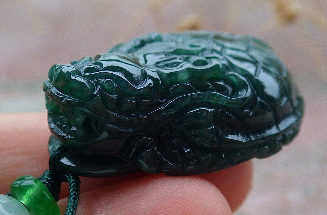 Certified Icy Green Burma 100% Natural A Jade jadeite Pendant Dragon Turtle Money Coin Necklace 龙龟 636567  TN