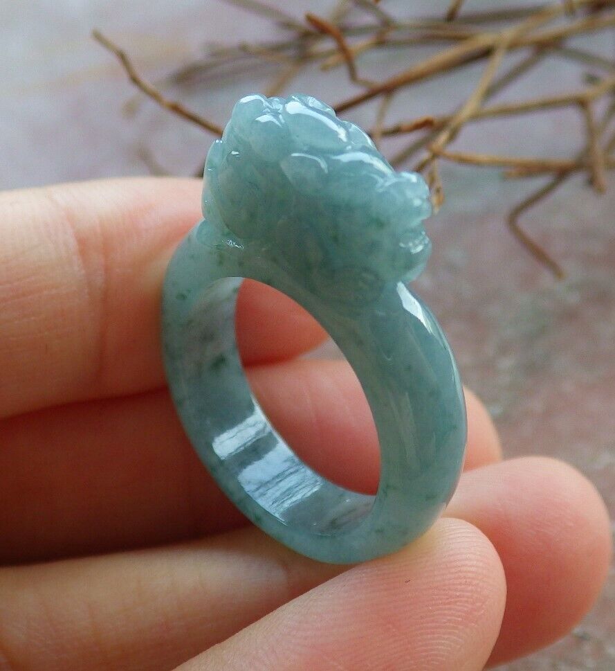 Certified Icy Green 100% Natural A JADE Jadeite Dragon Pi Xiu RING USA. 6.5 风水貔貅戒指 530062  TN