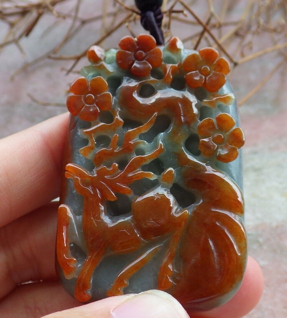Certified Red Green 100% Natural A Jade jadeite Pendant Deer Flower Necklace 梅花鹿 529530  TN