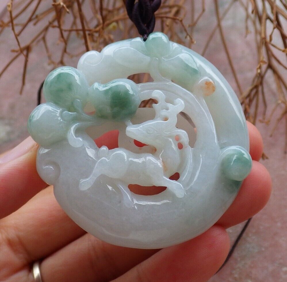 Certified Green 100% Natural A Jade jadeite Pendant Deer Peach Lotus Flower Ruyi Necklace 梅花鹿 526039  TN