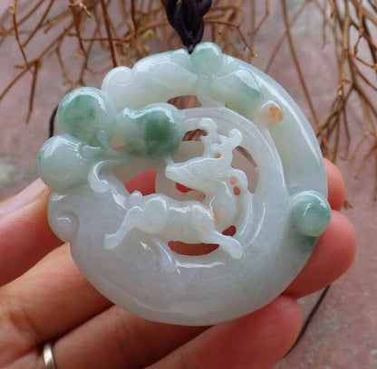 Certified Green 100% Natural A Jade jadeite Pendant Deer Peach Lotus Flower Ruyi Necklace 梅花鹿 526039  TN