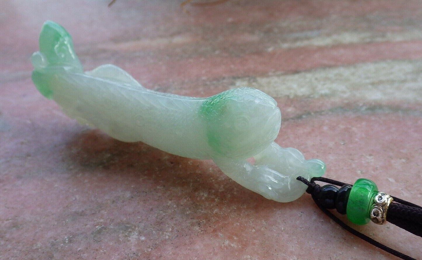 Certified Icy Green 100% Natural A Jade jadeite Pendant Dragon Lizard Lotus Flower Ruyi Necklace 龙蜥蜴 520903  TN