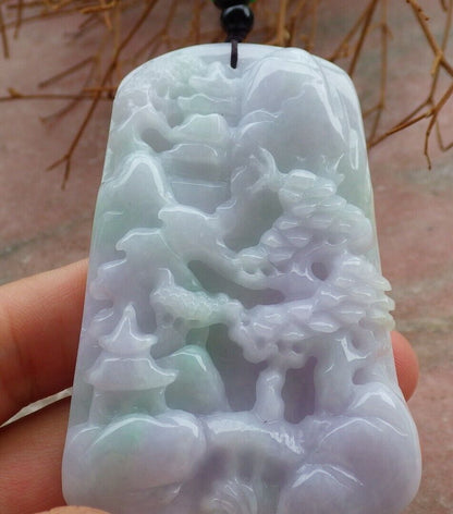 Certified Green Pale Lavender 100% Natural A Jade jadeite Landscape painting Tree Necklace 山水画 521223  TN