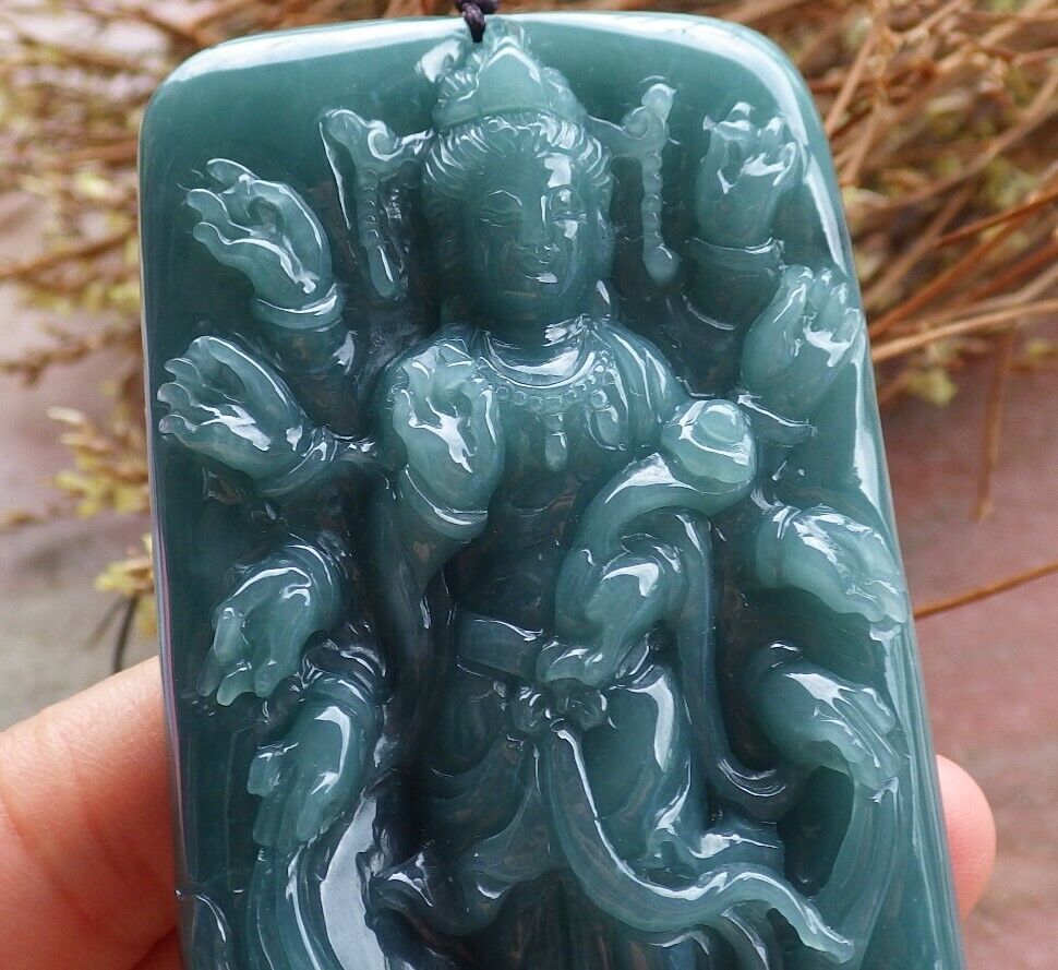 Certified Green Burma 100% Natural A Jade jadeite pendant 1000 Hand Guanyin Kwan Yin Necklace 观音 525088   TN