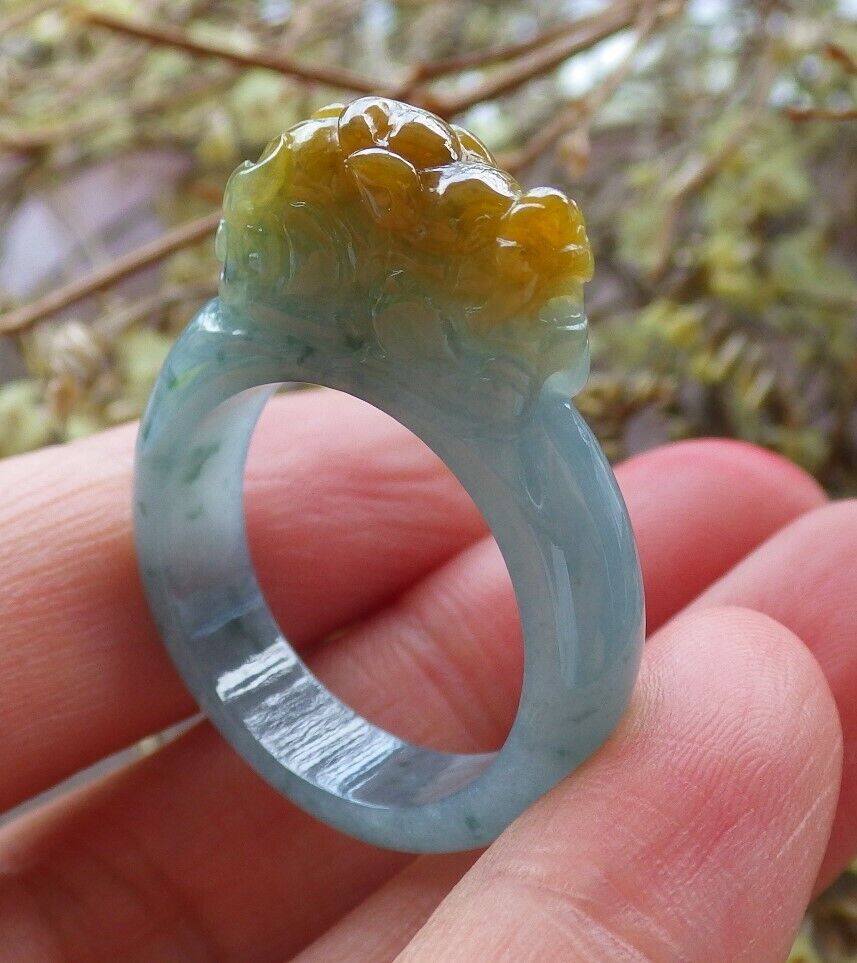 Certified Icy Yellow Green 100% Natural A JADE Jadeite Dragon Pi Xiu RING USA. 9 戒指 523749  TN
