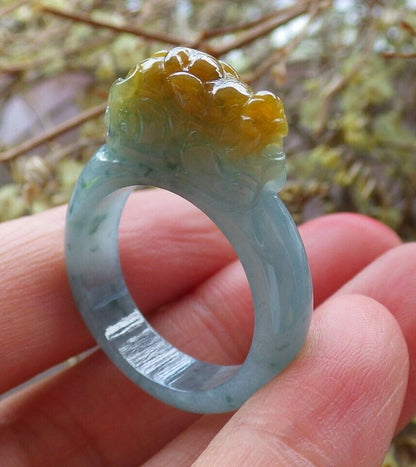 Certified Icy Yellow Green 100% Natural A JADE Jadeite Dragon Pi Xiu RING USA. 9 戒指 523749  TN