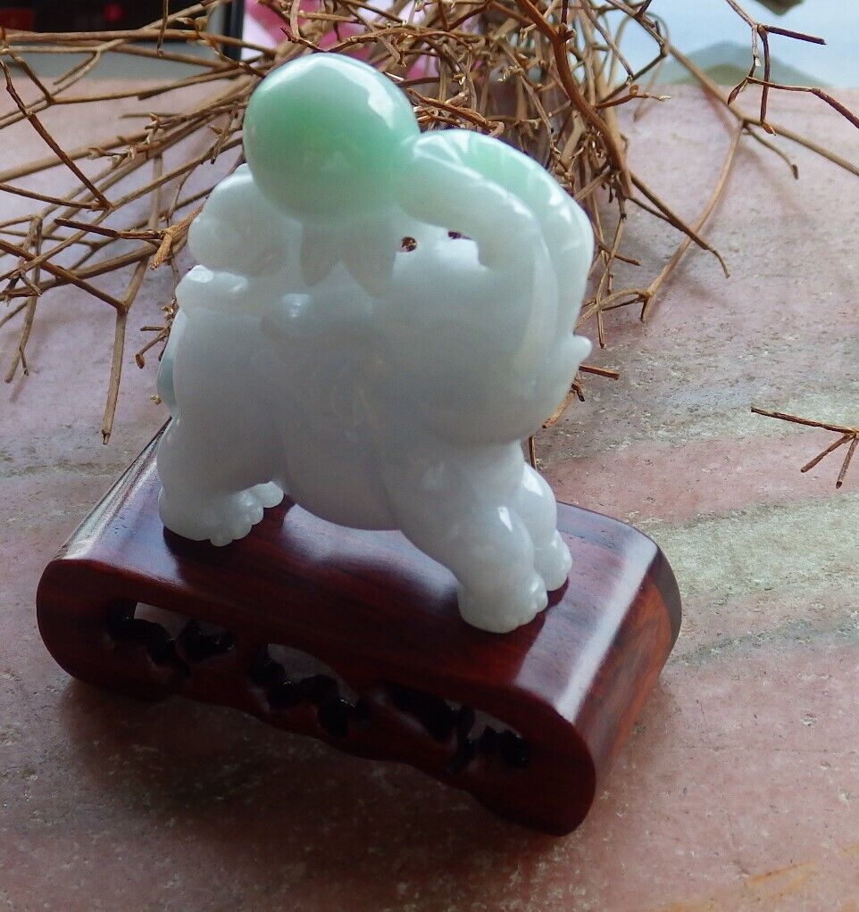 Certified Green Pale Lavender 100% Natural A Jade jadeite Display Elephant Monkey Peach 封侯拜相 528499  TN** Include woodstand **
