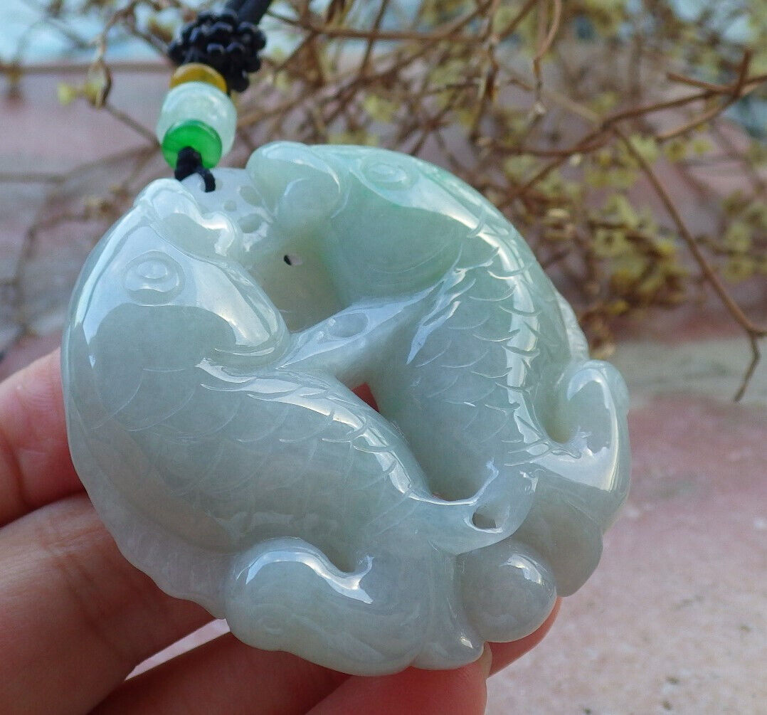 Certified Green Burma 100% Natural A Jade jadeite Pendant Fish Money Coin Necklace 年年有余 633170  TN