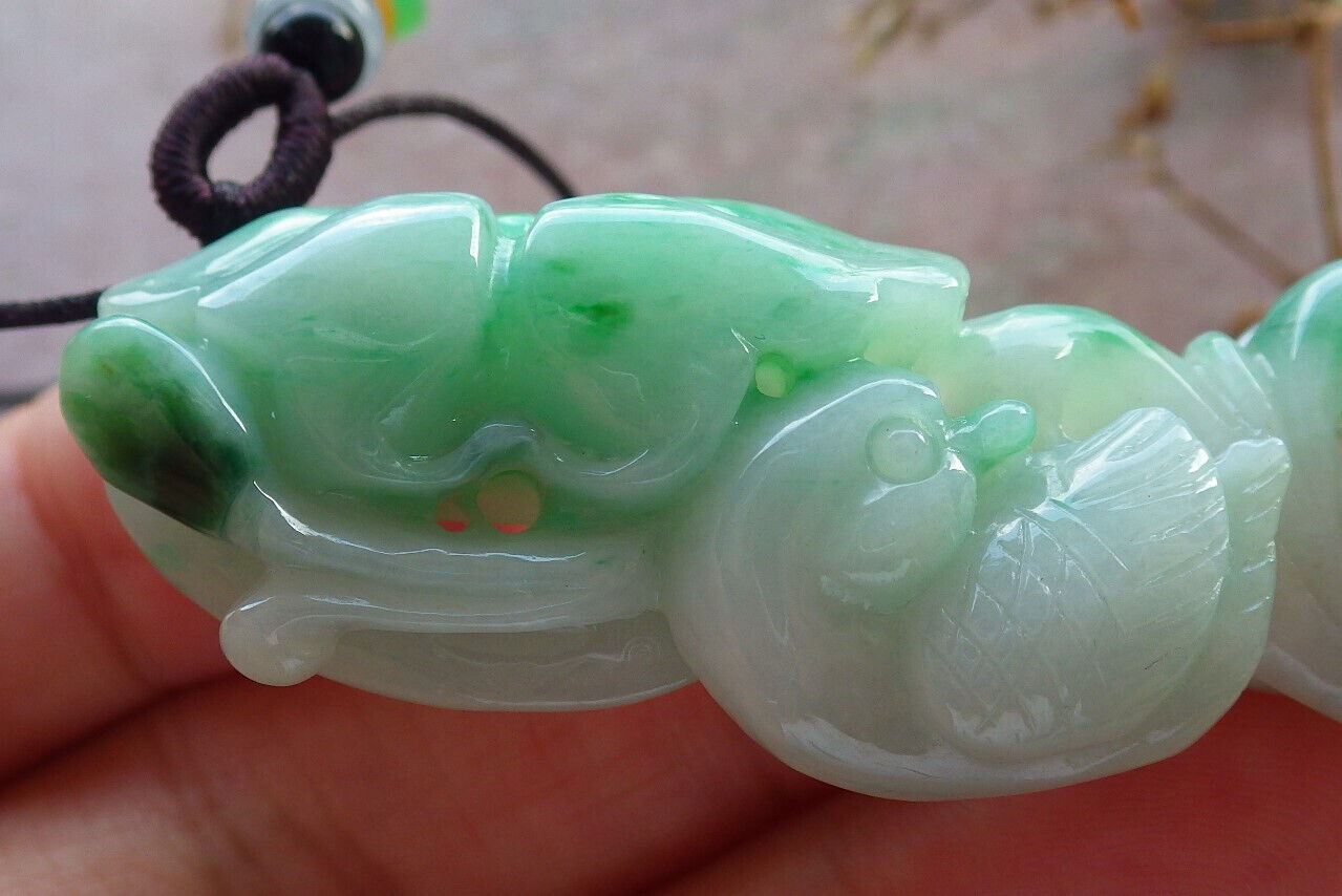 Certified Green Burma 100% Natural A Jade jadeite pendant Mandarin Duck Lotus Leaf Coin Necklace 634051  TN