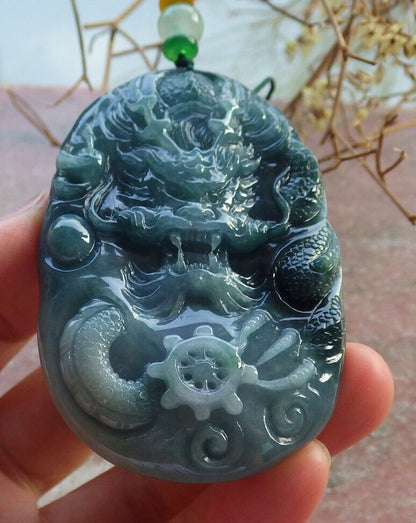 Certified Icy Green Pale Lavender Burma 100% Natural A Jade jadeite Pendant Dragon Bead Necklace 生意兴隆 634245  TN