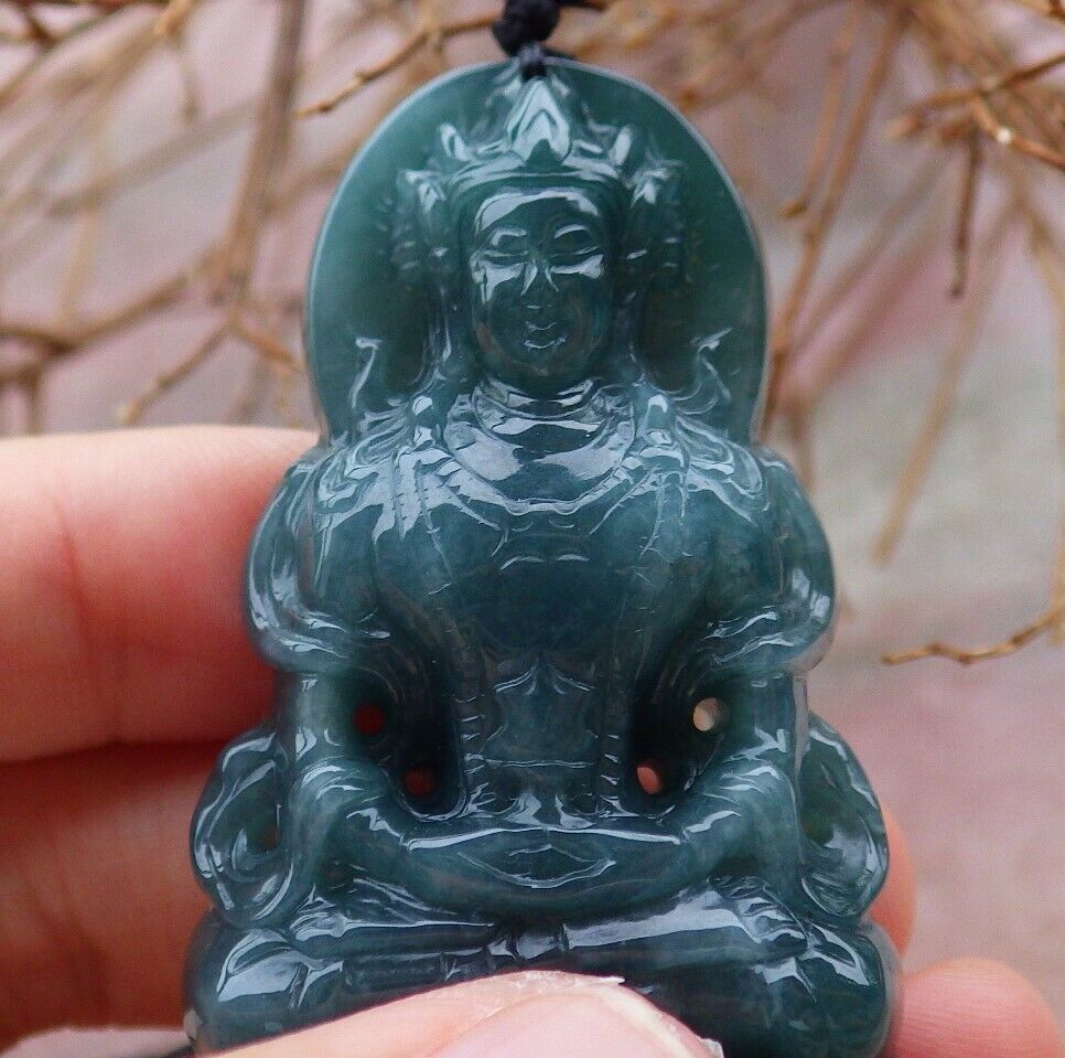 Certified Green 100% Natural A Jade jadeite Pendant Guanyin Kwan Yin Lotus Flower Necklace 观音 528251  TN