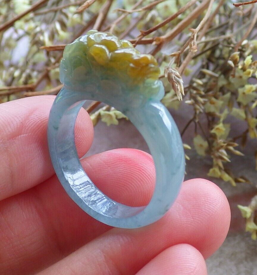 Certified Icy Yellow Green 100% Natural A JADE Jadeite Dragon Pi Xiu RING USA. 9.25 戒指 523838  TN