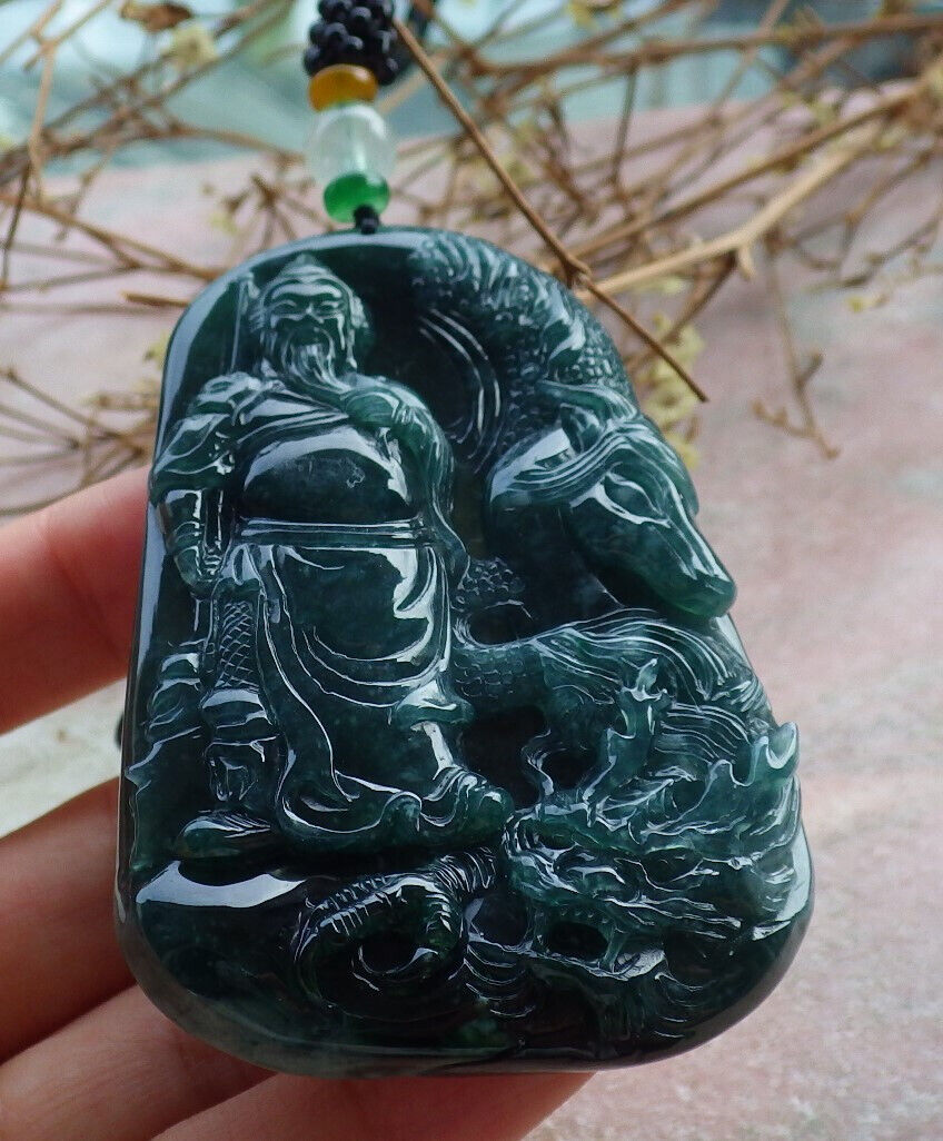 Certified Icy Green Burma 100% Natural A Jade jadeite pendant Guan Gong God Dragon Horse Sword Necklace 关公 635214  TN