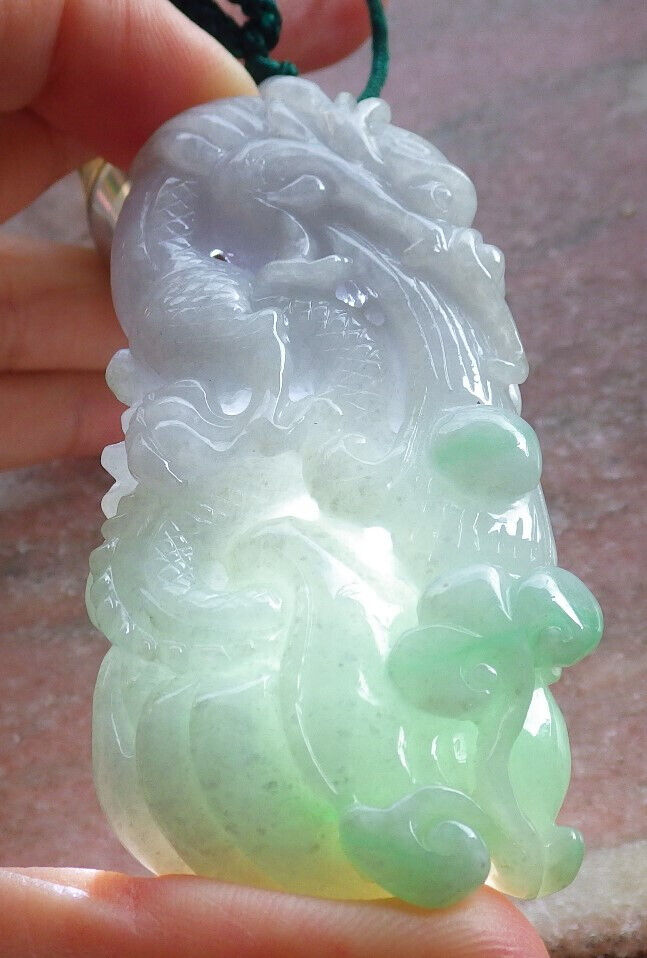 Certified Green Pale Lavender Burma 100% Natural A Jade jadeite Pendant Dragon Ruyi Coin Necklace 生意兴隆 646733 TN