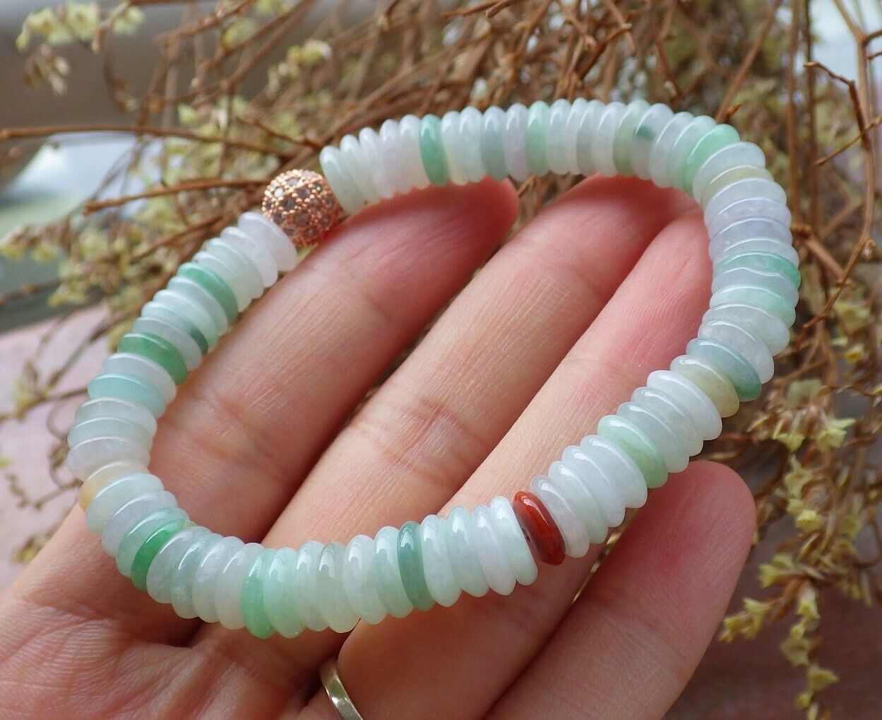 Certified Yellow Green Pale Lavender 100% Natural A JADE Jadeite Bead Beads Bangle Circle Bead Beads Bangle Bracelet 平安扣手链 525008  TN
