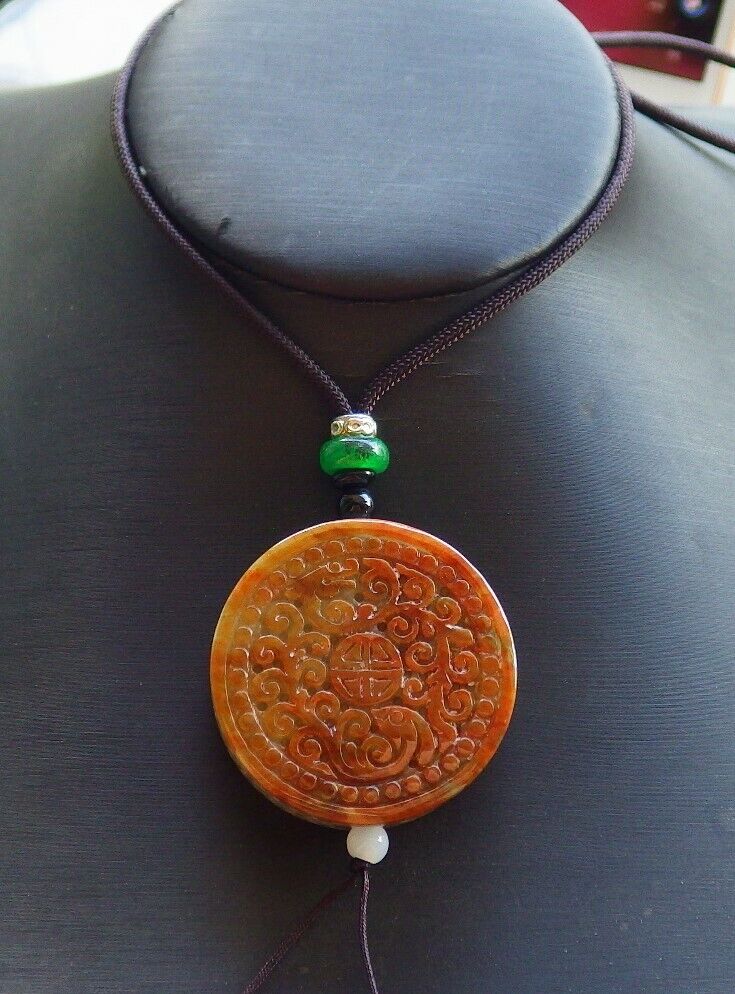 Certified Brown Red Green 100% Natural A Jade jadeite Pendant Dragon Phoenix Longevity Ruyi Necklace 龙凤 524084  tn