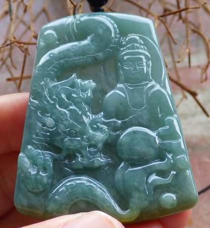 Certified Green Yellow 100% Natural A Jade jadeite Pendant Guanyin Kwan Yin Dragon Necklace 观音 528806  TN