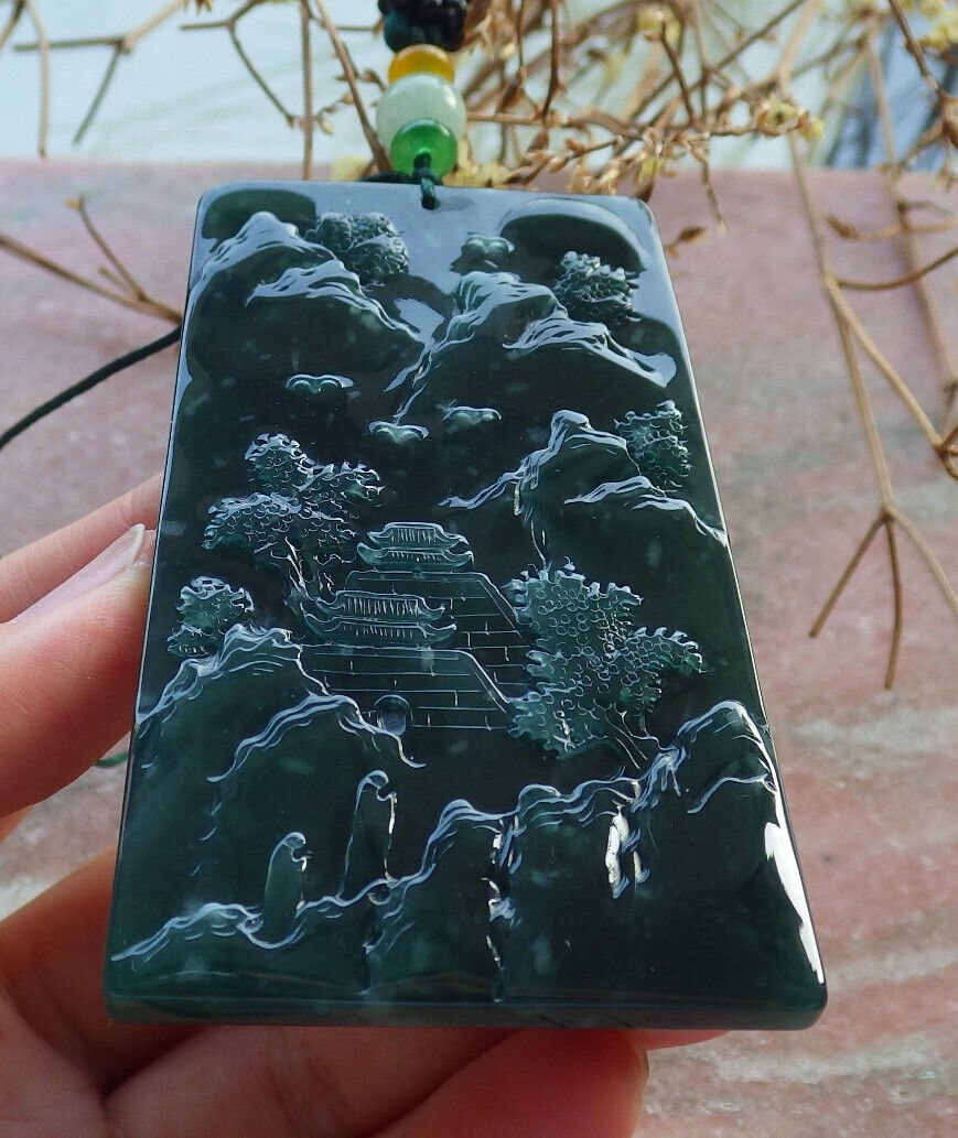 Certified Icy Blue Water Burma 100% Natural A Jade jadeite Pendant Landscape painting Tree Necklace 山水画 634260  TN