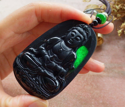 Certified Green Black 100% Natural A Jade jadeite pendant Guanyin Kwan Yin Lotus Flower Necklace 墨翠 观音 525065  TN