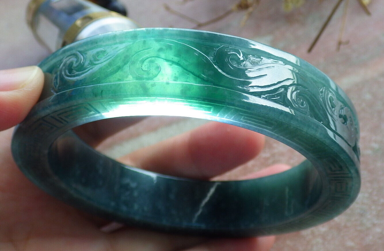Certified Icy Green Burma 100% Natural A JADE Jadeite Dragon Phoenix Bangle Bracelet 64 mm 手镯 633660  TN