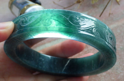 Certified Icy Green Burma 100% Natural A JADE Jadeite Dragon Phoenix Bangle Bracelet 64 mm 手镯 633660  TN