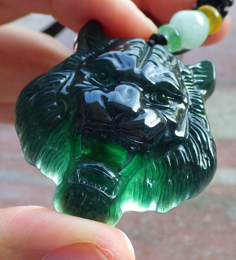 Certified Icy Blue Water Burma 100% Natural A Jade jadeite Pendant Tiger Necklace 虎虎生威 636028  TN