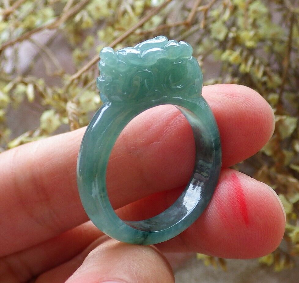 Certified Icy Green 100% Natural A JADE Jadeite Dragon Pi Xiu RING USA. 8.75 戒指 523786  TN