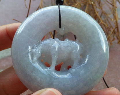 Certified Green Pale Lavender 100% Natural A Jade jadeite pendant Cow Ox Circle Necklace 风水牛 523719  TN