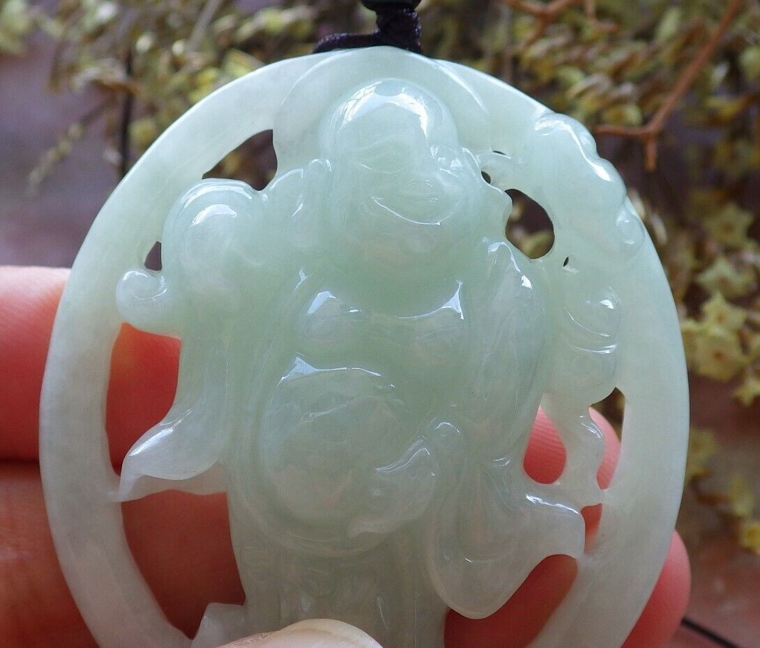 Certified Green 100% Natural A Jade jadeite pendant Happy Buddha God Ruyi Necklace 开心佛 523949  TN