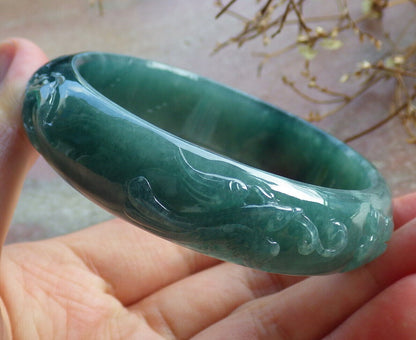 Certified Icy Blue Water Green Burma 100% Natural A JADE Jadeite Phoenix Flower Bangle Bracelet 55 mm 手镯 635126  AS