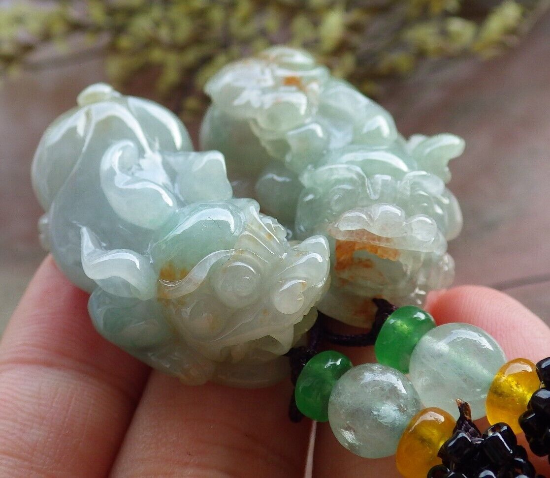 Pair Certified Green Red Burma 100% Natural A Jade jadeite Pendant Dragon Pi Xiu Money Coin Necklace 风水貔貅 573983 TN