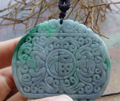 Certified Green Pale Lavender 100% Natural A Jade jadeite Pendant Bat Dragon Flower Coin Ruyi * Fu * Necklace 龙蝙蝠花牌 529263  TN