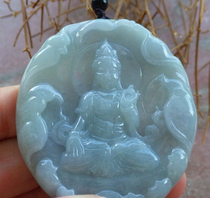 Certified Green Pale Lavender 100% Natural A Jade jadeite pendant Guanyin Kwan Yin Lotus Flower Necklace 观音 523691  TN