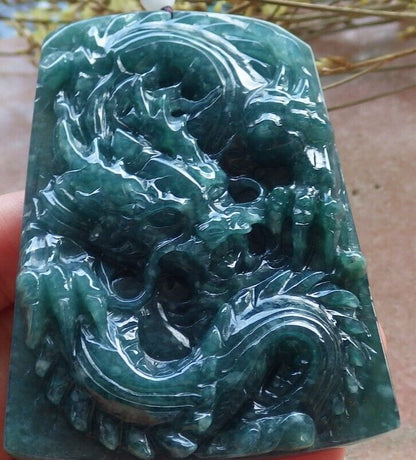 Certified Icy Green Burma 100% Natural A Jade jadeite Pendant Dragon Ruyi Necklace 生意兴隆 574732 TN