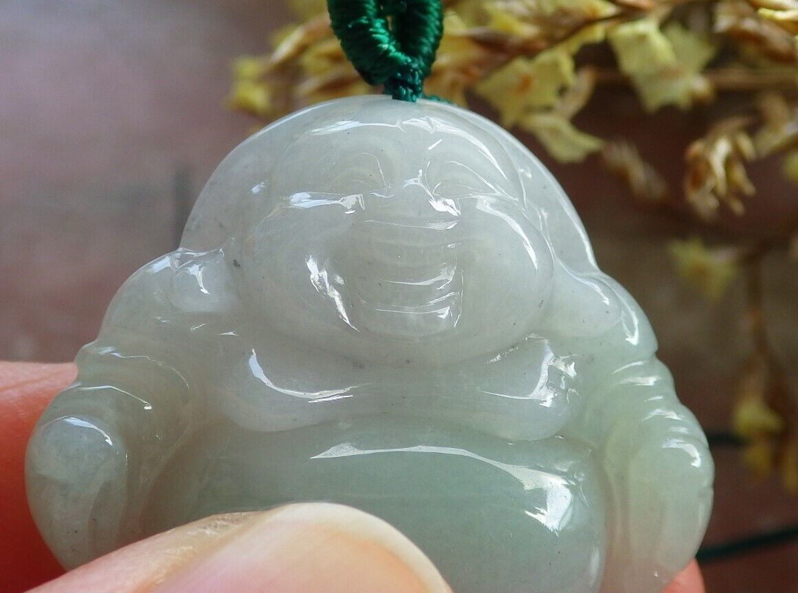 Certified Icy Green 100% Natural A Jade jadeite pendant Happy Buddha God Necklace 开心佛 524346  TN