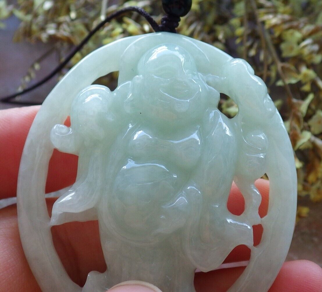 Certified Green 100% Natural A Jade jadeite pendant Happy Buddha God Ruyi Necklace 开心佛 523991  TN
