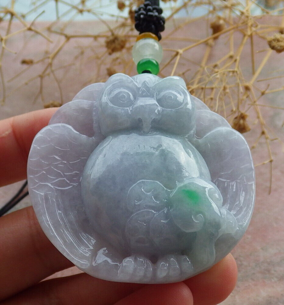 Certified Lavender Green Burma 100% Natural A Jade jadeite Pendant Owl Peach Necklace 猫头鹰 636180  TN